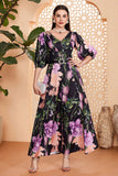 Black Floral A-Line V Neck Half Sleeves Long Prom Dress with Belt