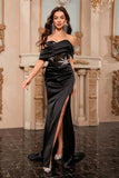 Sparkly Black Off the Shoulder Mermaid Corset Long Prom Dress with Slit