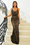 Sparkly Black Mermaid Spaghetti Straps Sequined Long Prom Dress