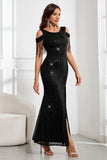 Sparkly Black Mermaid Fringed Cold Shoulder Long Prom Dress with Slit