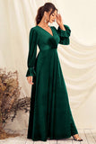 Dark Green V Neck Velvet Wrap Long Prom Dress with Long Sleeves