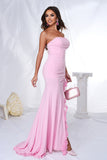 Pink Mermaid Strapless Ruffles Long Prom Dress with Slit