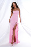 Pink Mermaid Strapless Ruffles Long Prom Dress with Slit