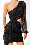 Black Golden One Shoulder Tight Short Prom Dress