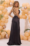 Black Mermaid Lace-up Back Long Prom Dress with Slit