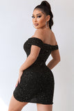 Black Sparkly Off The Shoulder Beading Bodycon Short Cocktail Dress