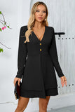 Black A-Line Long Sleeves V Neck Buttons Short Party Dress