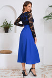 Royal Blue Sheath Lace Top Long Sleeves Long Party Dress with Sash