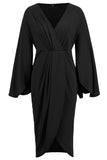 Black Mermaid V-Neck Asymmetrical Midi Cocktail Dress with Sleeves