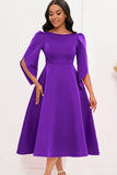 Fashion Elegant Royal Blue A Line Solid Swing Dress with Half Sleeves