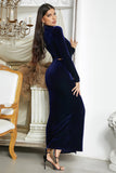 Dark Blue Mermaid Halter Neck Prom Dress with Slit