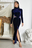 Dark Blue Mermaid Halter Neck Prom Dress with Slit