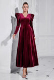 A Line V Neck Burgundy Ruffled Long Velvet Prom Dress