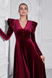 A Line V Neck Burgundy Ruffled Long Velvet Prom Dress