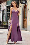 Purple Bodycon Spaghetti Straps Long Prom Dress with Split