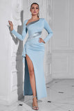 Glitter Light Blue Mermaid Long Sleeves Prom Dress with Slit