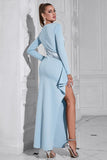 Glitter Light Blue Mermaid Long Sleeves Prom Dress with Slit