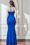 Sparkly Royal Blue Mermaid Halter Neck Beaded Long Prom Dress with Slit