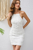 White Halter Bodycon Short Homecoming Dress with Lace