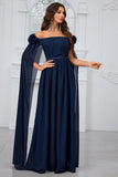 Navy Pleated A Line Off the Shoulder Long Prom Dress