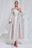 Lilac Pleated Off the Shoulder A Line Long Prom Dress with Long Sleeves