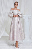 Lilac Pleated Off the Shoulder A Line Long Prom Dress with Long Sleeves