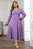 Violet V Neck Long Sleeve Plain Midi Bodycon Prom Dress