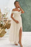 Apricot A Line Off the Shoulder Maternity Bridesmaid Dress witn Slit