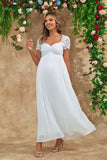 A Line White Long Maternity Bridesmaid Dress With Short Sleeves