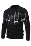 Men's Black Slim-fit Crew Neck Christmas Deer Print Sweater