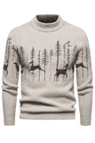 Men's Black Slim-fit Crew Neck Christmas Deer Print Sweater