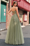 Sparkly A-Line Green Spaghetti Straps Corset Long Prom Dress
