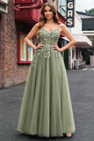 Sparkly A-Line Green Spaghetti Straps Corset Long Prom Dress