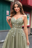 Sparkly A-Line Green Spaghetti Straps Corset Long Prom Dress