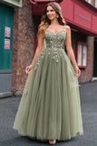 Sparkly A-Line Green Spaghetti Straps Corset Long Prom Dress