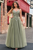 Sparkly A-Line Green Spaghetti Straps Corset Long Prom Dress