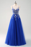 Sparkly Purple A-Line Appliqued Long Prom Dress with Slit