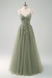 Sparkly A-Line Green Spaghetti Straps Corset Long Prom Dress
