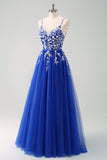 Sparkly A-Line Royal Blue Spaghetti Straps Corset Long Prom Dress