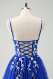 Sparkly A-Line Royal Blue Spaghetti Straps Corset Long Prom Dress