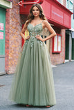 Sparkly A-Line Green Spaghetti Straps Corset Long Prom Dress