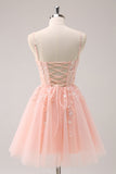 A Line Blush Spaghetti Straps Tulle Corset Sequins Homecoming Dress with Appliques