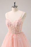 A Line Blush Spaghetti Straps Tulle Corset Sequins Homecoming Dress with Appliques