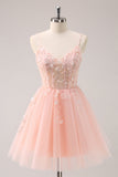 A Line Blush Spaghetti Straps Tulle Corset Sequins Homecoming Dress with Appliques