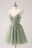 A Line Blush Spaghetti Straps Tulle Corset Sequins Homecoming Dress with Appliques