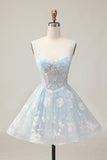 Sparkly Light Blue A Line Spaghetti Straps Corset Short Prom Dress