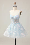 White A-Line Corset Short Floral Cocktail Dress with Sequins