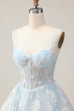 Sparkly Light Blue A Line Spaghetti Straps Corset Short Prom Dress