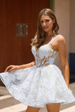 White A-Line Corset Short Floral Cocktail Dress with Sequins