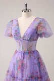 Purple A-Line V Neck Corset Short Floral Homecoming Dress with Lace Up Back